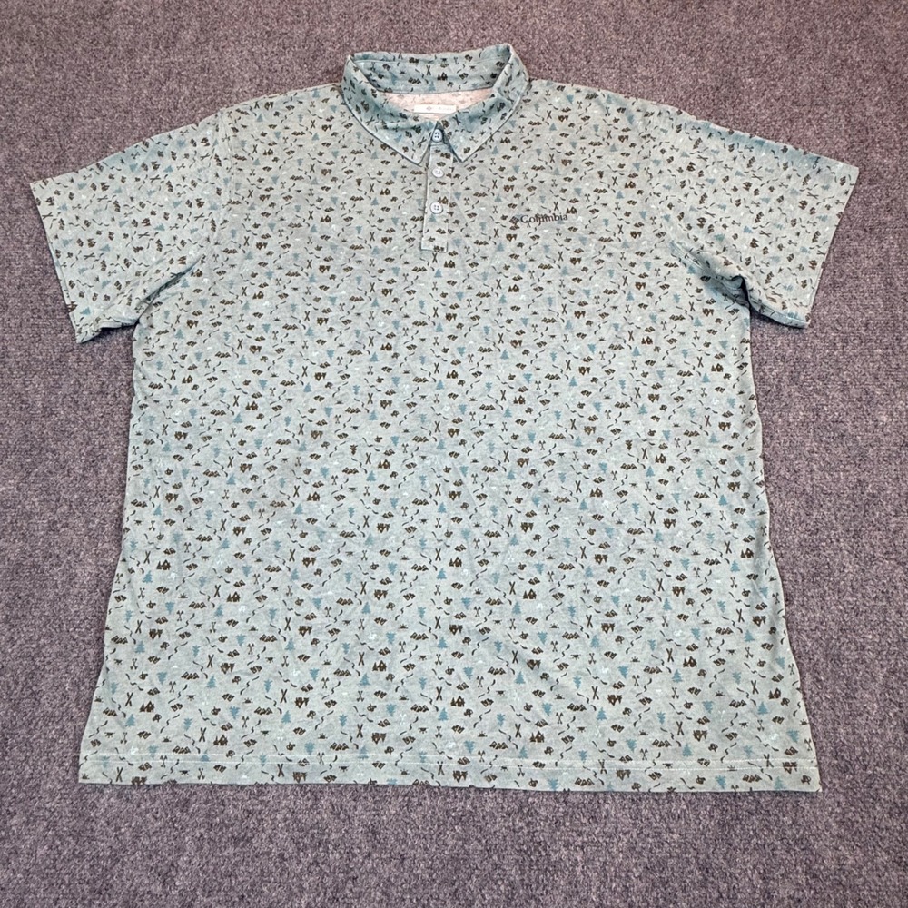 Columbia Mens XL Camping Print Polo Shirt Green Short Sleeve Outdoor Hike Tent